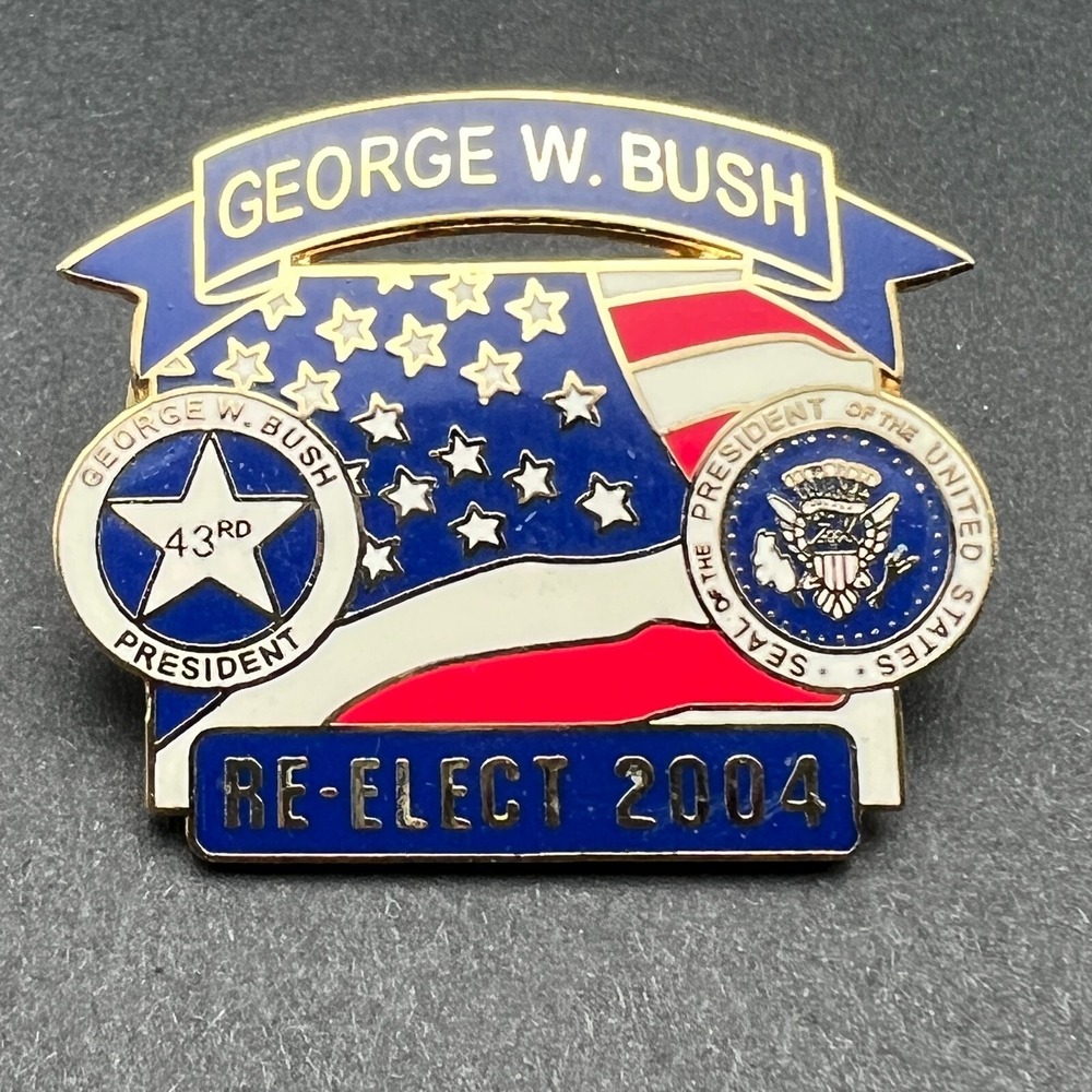 Vintage George W Bush Pin Re-elect 2004 Hat‎ Lapel Gold Tone Red Blue Enamel